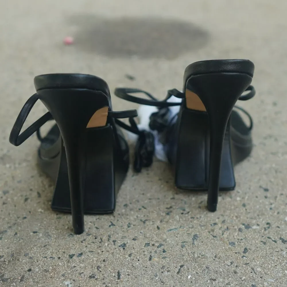 EGO Black Strappy Lace Up Ankle Wrap Stiletto Heels Square Toe UK 5 US 7 EU 38
